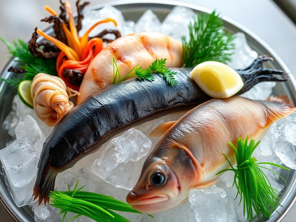 Seasonal Japanese seafood with seaweed and sea plants