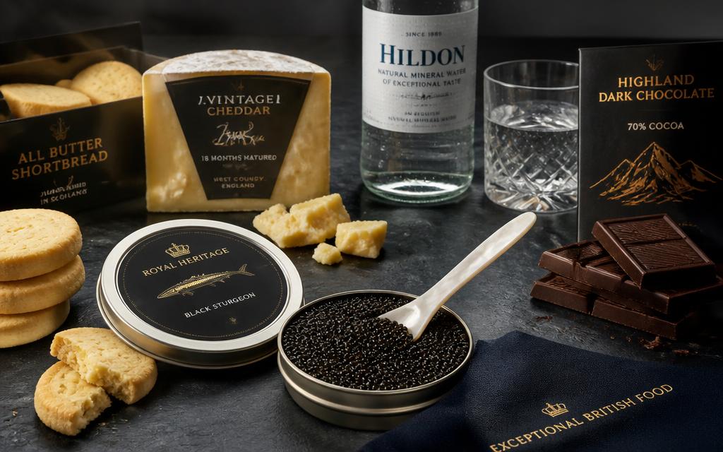 Black sturgeon caviar with British cheddar, shortbread, chocolate and mineral water