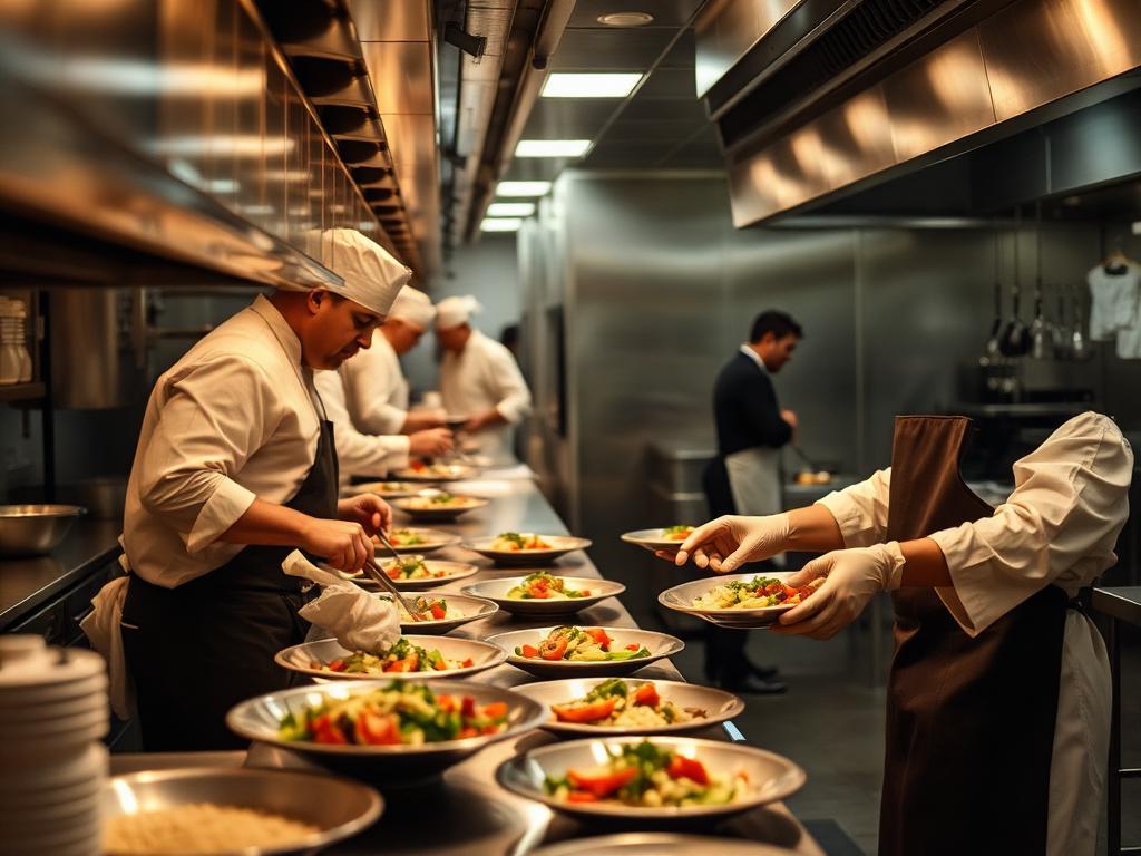 Chefs plating dishes in a professional restaurant kitchen