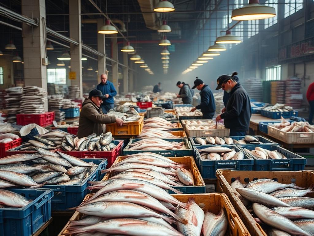 Traders at an early morning wholesale fish market