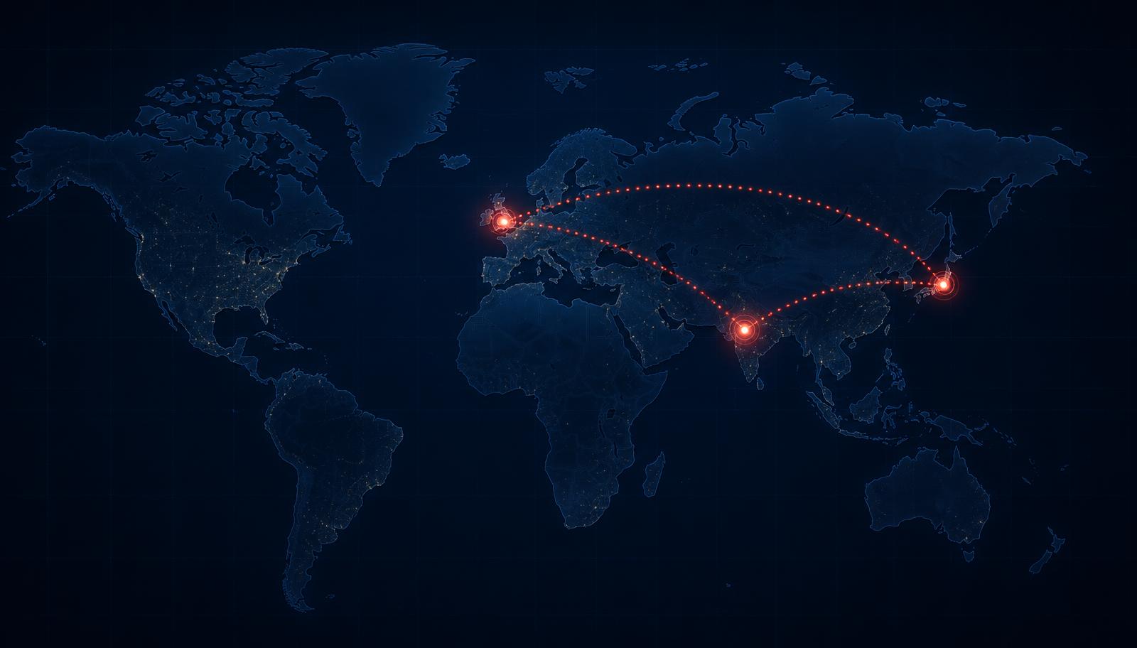 World map showing XTN trade corridors between Tokyo, Delhi and London