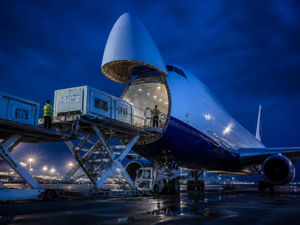 Wide-body freighter loading refrigerated air cargo