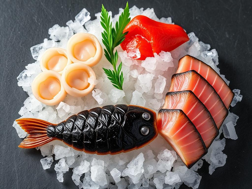 Scallops, unagi and black cod on crushed ice