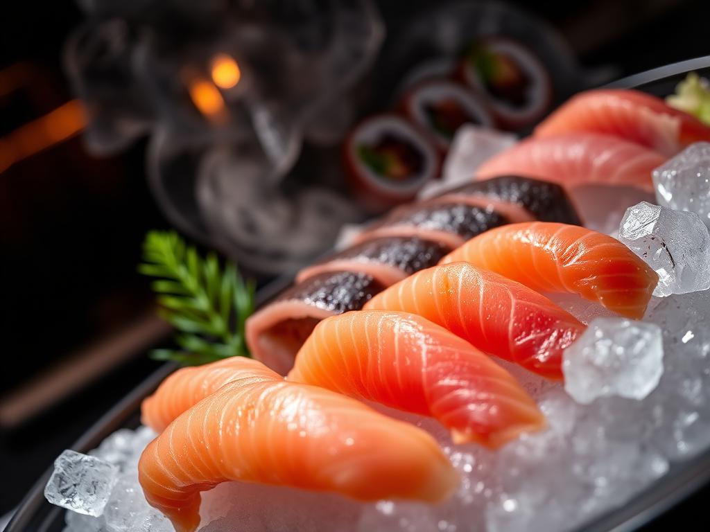 Sliced bluefin tuna and salmon sashimi on ice