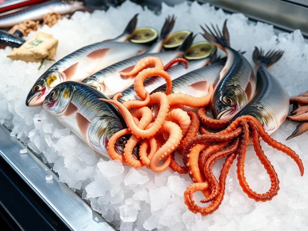 Whole mackerel, octopus and squid on a fish counter